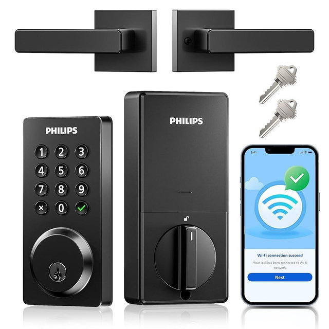 Philips WiFi Smart Door Lock with Handle, Built-in WiFi App Remote Control, Keyless Entry Door Locks for Front Door, Smart Deadbolt Auto Lock, Support Alexa & Google, IP54 Waterproof, Matte Black