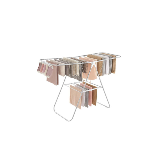 SONGMICS Foldable Clothes Drying Rack with Sock Clips Laundry Drying Rack with Height-Adjustable Gullwings Silver and White