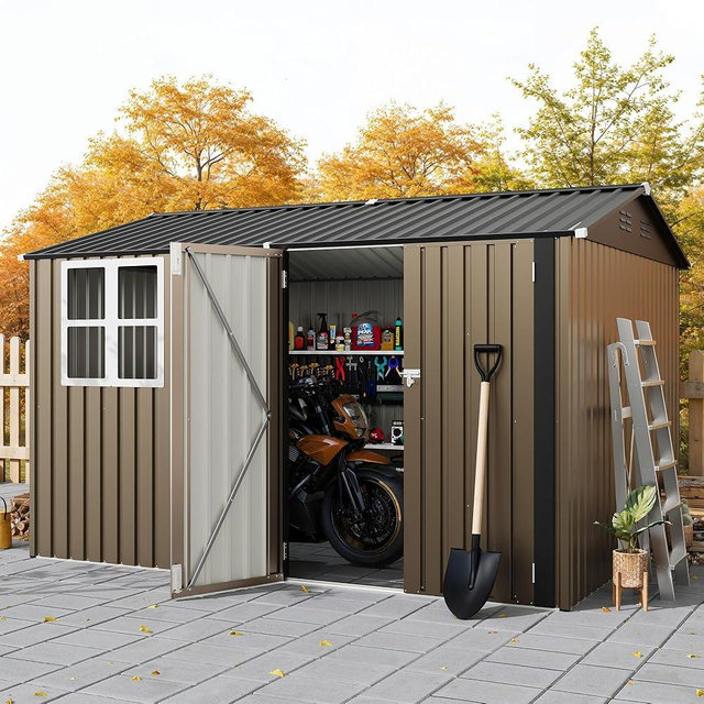 8x10 FT Outdoor Storage Shed,Metal Tool Shed with Clear Window, Lockable Doors,Large Garden Storage Box with Sloping Roof，Sheds&Outdoor Storage for Backyard Garden Patio Lawn, Brown