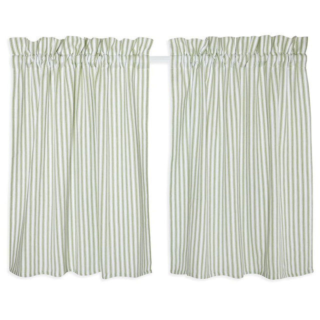 Cackleberry Home Tarragon Green and White Ticking Stripe Cafe Curtains Woven Cotton 28 Inches W x 24 Inches L, Set of 2