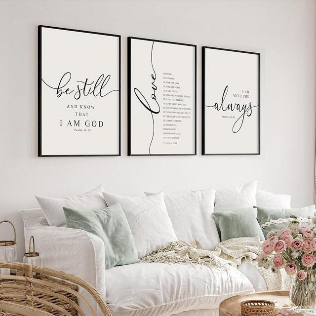Heiple Framed Be Still and Know that I am God Sign Love is Patient Love is Kind Wall Art Set of 3 Prints for Home Bedroom Decor Above Bed Bible Verse Scripture Art Christian Religious Wall Decor (Black, 16"x24")