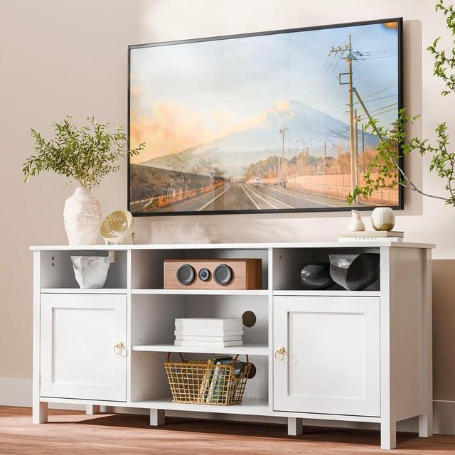 Cozy Castle Farmhouse TV Stand for 65 inch TV, Entertainment Center with Barn Door of Storage Cabinet, Tv Console with Cable Management & Adjustable Shelf, White Tv Stand for Bedroom, Living Room