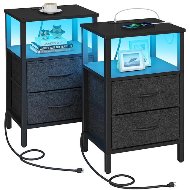 TUTOTAK LED End Table with Charging Station, Nightstand with Cloth Drawer, Side Table with Outletst, Set of 2, Couch Table, Black TB01BK068