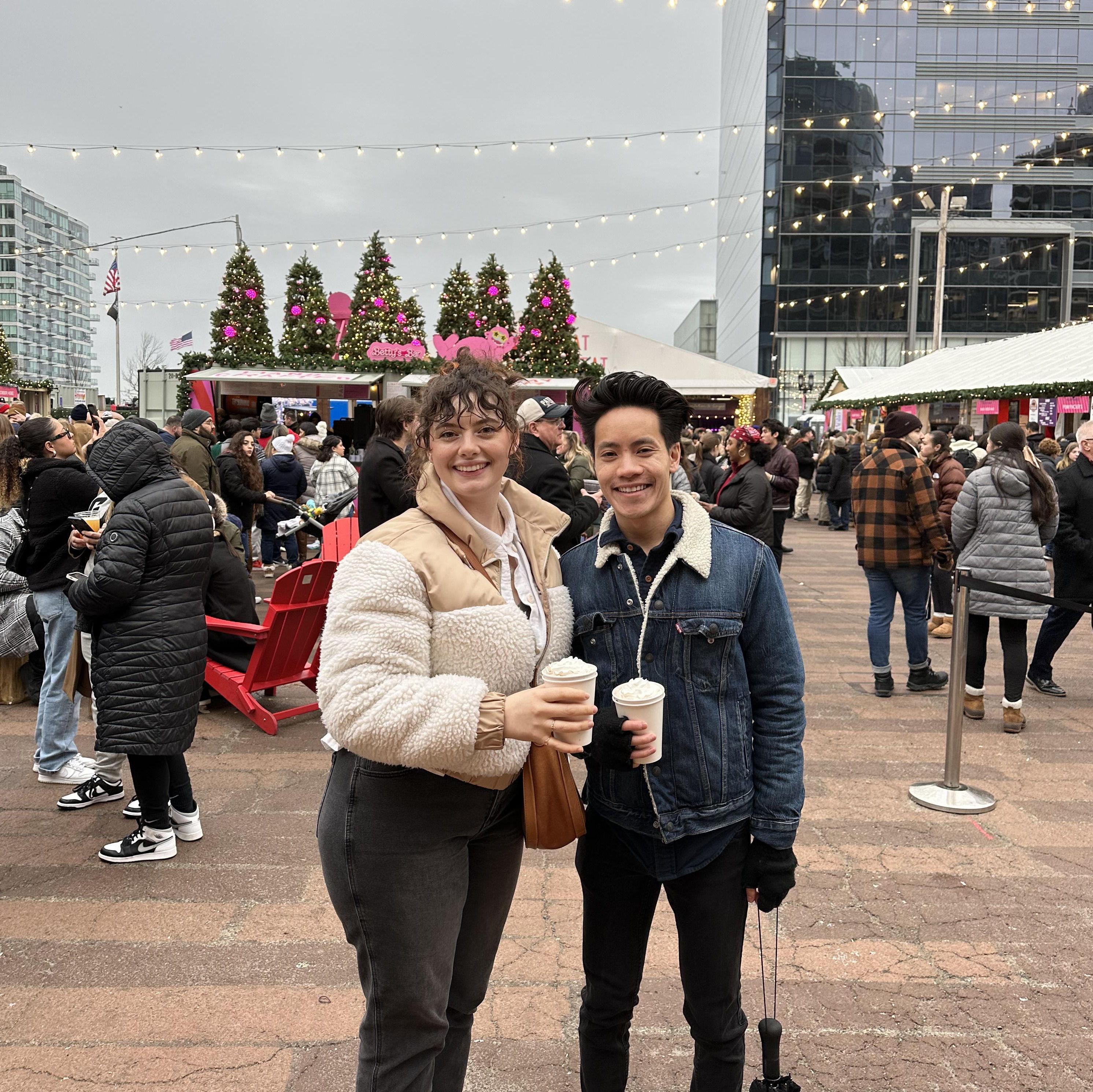 Enjoying Snowport hot cocoa