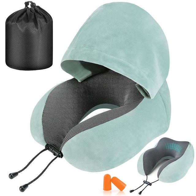 Cirorld Travel Pillow, Neck Pillow for Travel with Hood for Airplane, Velvet Memory Foam Neck Pillow Adult Head & Neck Support, for Long Flights Plane, Office, Cars Sleeping & Rest (Green)