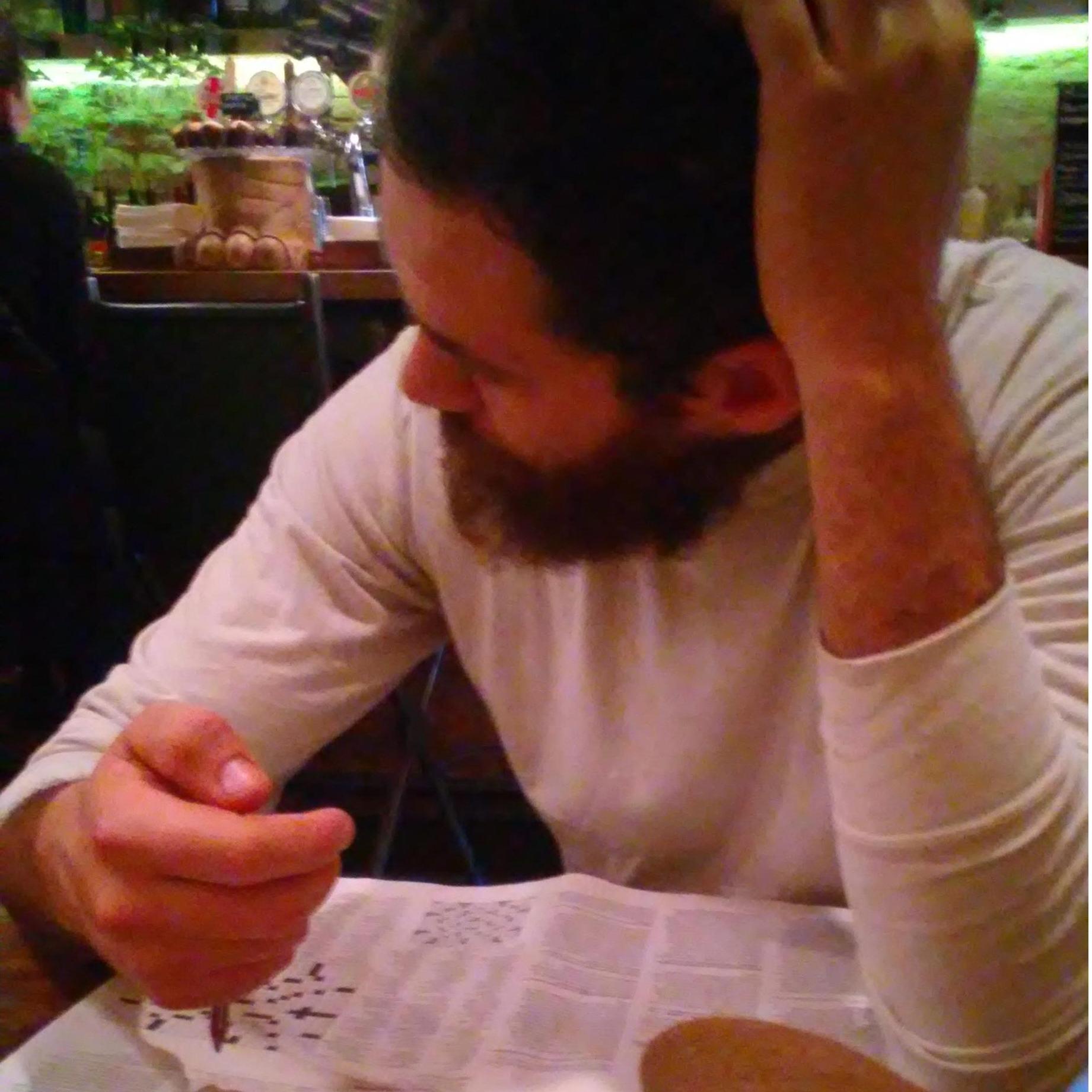 At my favorite cafe in Florence. We were with the whole gang after a night of drinking and Ryan was working on a crossword puzzle. This is the first time I remember feeling in love with him.