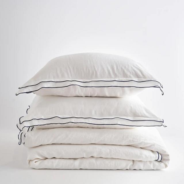 Linen Duvet Cover Set | Navy and White | Full/Queen