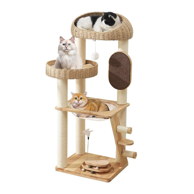 Modern Cat Tree, Cat TreeTower with Space Capsule, Hand-Woven Basket Nest, Sisal Posts & Scratching Board, 50 Inch Heavy-Duty Multi-Level Indoor Wood Tower