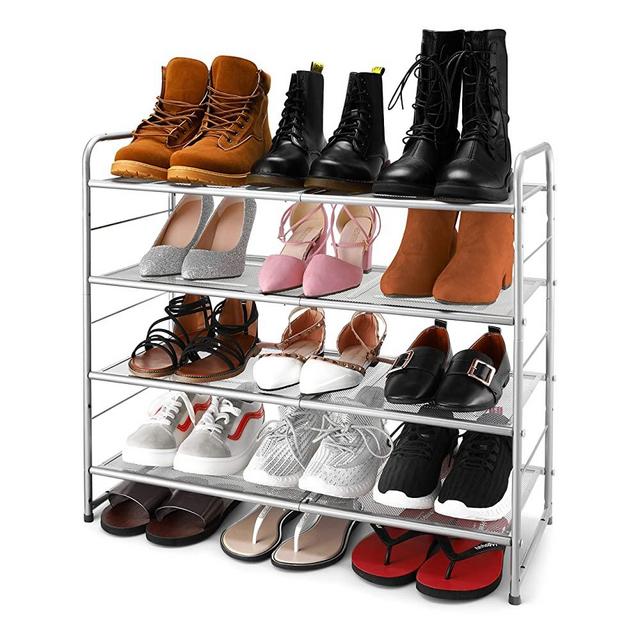Simple Trending 4-Tier Stackable Shoe Rack, Expandable & Adjustable Shoe Shelf Storage Organizer, Metal Mesh, Silver