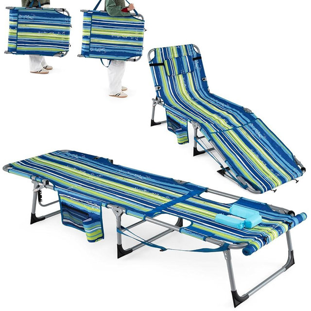Goplus Tanning Chair with Face Arm Holes, Portable Sunbathing Chair w/4-Level Backrest, Head Pillow, Patio Lay Flat Folding Chaise Lounge w/Side Pocket, Shoulder Strap for Pool Beach