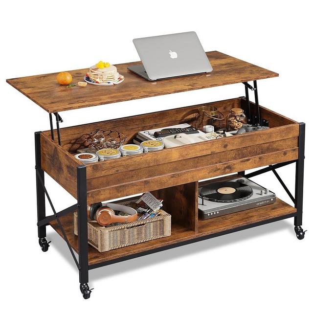 WLIVE Lift Top Coffee Table for Living Room, Coffee Table with Storage, Hidden Compartment and Metal Frame, Central Table with 4 Casters for Reception Room, Rustic Brown