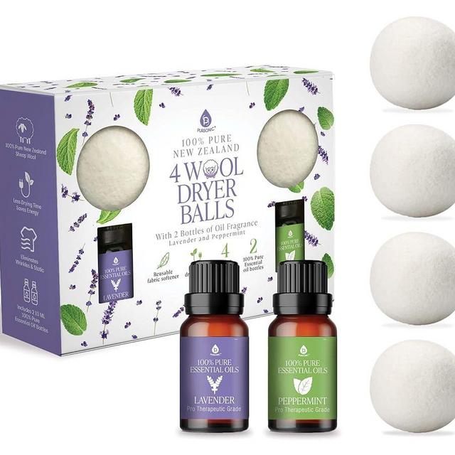 Pursonic Laundry Wool Dryer Balls Bundle - Reusable Dryer Balls Made from Pure New Zealand Wool - Natural Fabric Softener Balls with Lavender Oil & Peppermint Oil - 2.75" Diameter, 4-Pack