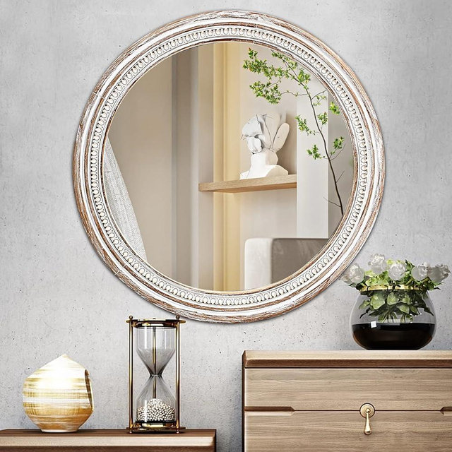 HOITUZYUS Farmhouse Round Wood Mirror 30 Inch, Rustic Boho Circle Decorative Mirrors for Bathroom, Living Room, Entryway, Bedroom, Hallway