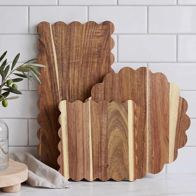 3 Pcs Acacia Wood Scalloped Cutting Boards Set, Decorative Cutting Boards Wooden Charcuterie Board for Grandmillenial Cottage Core Decor Kitchen Cheese Meat Fruit Bread Chopping Blocks