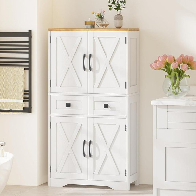 Farmhouse Bathroom Storage Cabinet with 2 Drawers and 4 Barn Doors, Kitchen Pantry Cabinet, Freestanding Storage Cabinet with Adjustable Shelves for Bathroom, Living Room, Kitchen(Antique White)