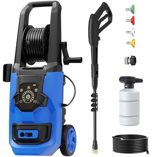 QIOMALA Electric Pressure Washer, 5500 PSI 3.8 GPM Adjustable Touch Screen, High Pressure Cleaning Machine with 35 FT Power Cord, 4 Nozzles, Hose Reel, Foam Cannon for Car/Patio/Garage