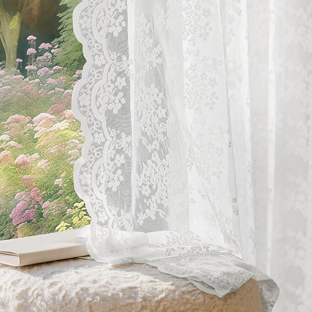 Anmao Vintage Lace Curtains 102 Inches Long 2 Panels Set, Romantic Elegant Light Filtering Semi Sheer Floral Thick Lacy Curtain Drapes for Living Room and Bedroom, Each Panel 55W x 102L, Bright White