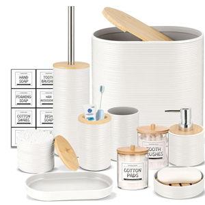 IMAVO Bathroom Accessory Set-11Pcs White Bathroom Accessories Set with Trash Can,Soap Dispenser,Soap Dish,Toothbrush Holder,Toothbrush Cup,Toilet Brush Holder,Qtip Holder Dispenser with Labels