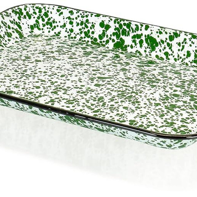 Red Co. 13.5” x 10” Enamelware Metal Classic 1.6-Quart Rectangular Serving Tray, Dark Green Marble/Black Rim – Splatter Design