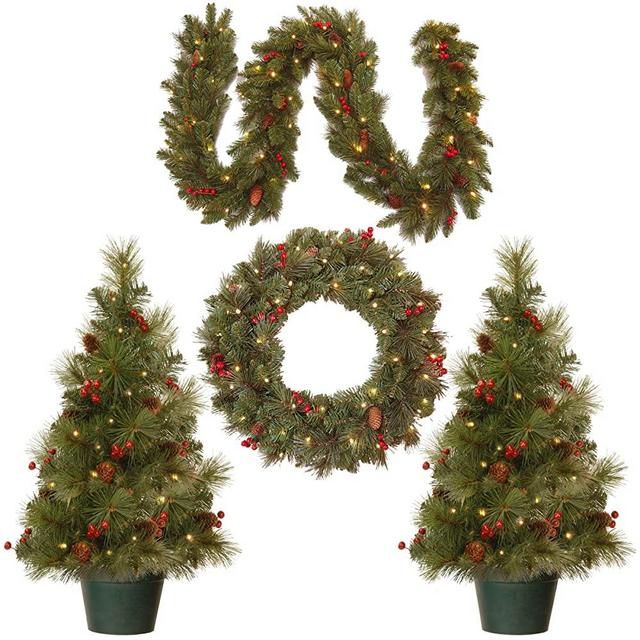 National Tree Company National Pre-lit White LED Lights Holiday Christmas 4-Piece Set | Garland, Wreath and Set of 2 Entrance Trees, Green