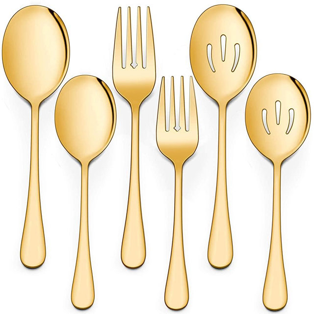 LIANYU 2 Gold Serving Spoons, 2 Gold Slotted Serving Spoons, 2 Gold Serving Forks, 8 3/4 Inch Stainless Steel Buffet Catering Party Banquet Serving Spoons Forks Set, Dishwasher Safe