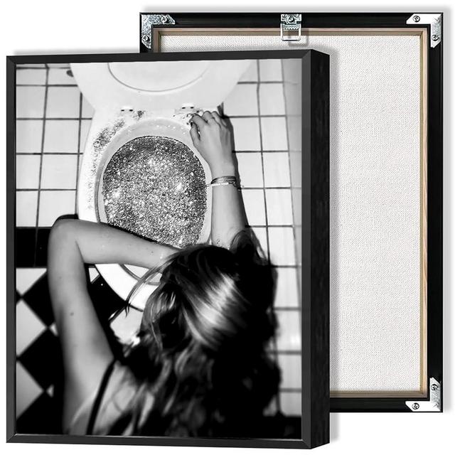 Funny Bathroom Wall Art Black and White posters Bar Disco Party prints painting Girls Bathroom Canvas wall art Funky aesthetics Teen Girl Bedroom wall decor for 12x16in Framed
