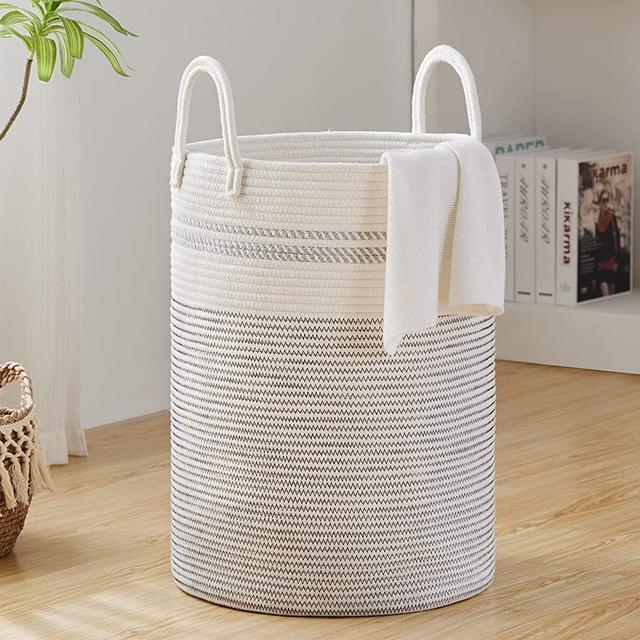 Woven Rope Laundry Hamper by Fiona’s magic,Tall Boho Laundry Basket Storage, Baby Nursery Hamper for Blankets, Toys and Clothes Hamper for Bedroom and Living Room Organizing, Jute, 58L, White