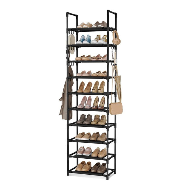 VTRIN 10 Tiers Tall Shoe Rack Holds 20-25 Pairs of Shoes Sturdy Vertical Shoe Organizer with 18pcs Hooks Stackable Narrow Shoe Rack for Closet, Entryway Black