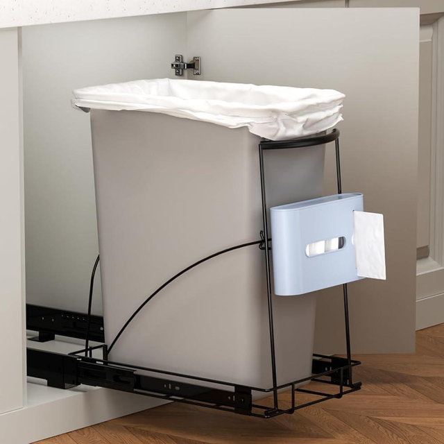 Pull Out Trash Can Under Cabinet Slide Out Kit - Heavy Duty Up to 125 lb, Fits 28-40 Quart ‌Ashcan with Garbage Bag Holder, Rust-Proof Steel Frame-Under Sink Garbage Can Pull Out (Not Include Can