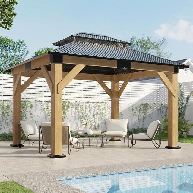 AMERLIFE 10x12 Solid Wood Gazebo, Hardtop Gazebo with Solid Spruce Frame and Aluminum Double Roof, Outdoor Pergola for Parties, Backyard, Patio, Lawns, Black + Natura Wood