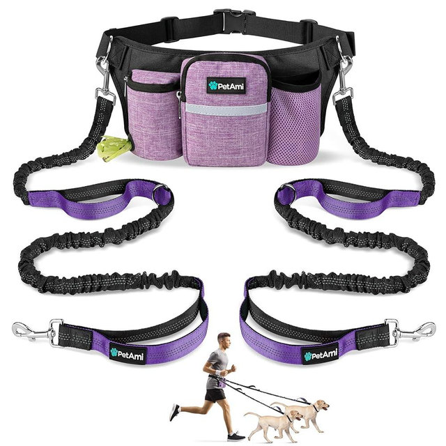 PetAmi Premium Hands Free Dog Leash for 2 Dogs, Adjustable Waist Belt Leash for Dog Walking, Fanny Pack Accessories Bag Dual Bungee Leash for Running, Hiking, Jogging, Biking, Purple