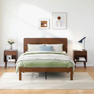Solid Wood Platform Bed Frame with Bamboo, Mid-Century Modern and Walnut Color, No box Spring Needed - Queen
