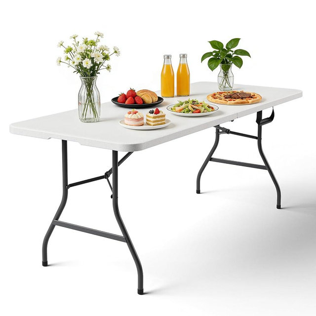 FurniEdge 6ft Folding Table with Handle, Heavy Duty Plastic Table, 300 lbs Portable Table, Reinforced Steel Legs, High Density Plastic, Ideal for Parties, Picnics, Weddings, Camping White