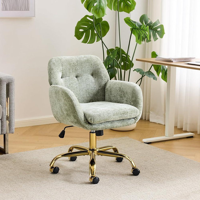 VINGLI Comfy Fuzzy Vanity Chair, Swivel Makeup Chair with Wheels, Upholstered Height Adjustable Armchair with Gold Base, Modern Ergonomic Desk Chair for Bedroom, Home Office, Olive Green