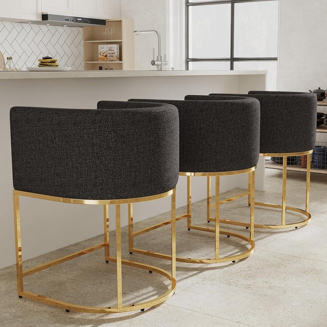 RIVOVA Linen Bar Stools Set of 3, 24" Contemporary Upholstered Fabric Counter Height Bar Stools Kitchen Counter Island Stools Barstools with Golden Metal Base, Charcoal