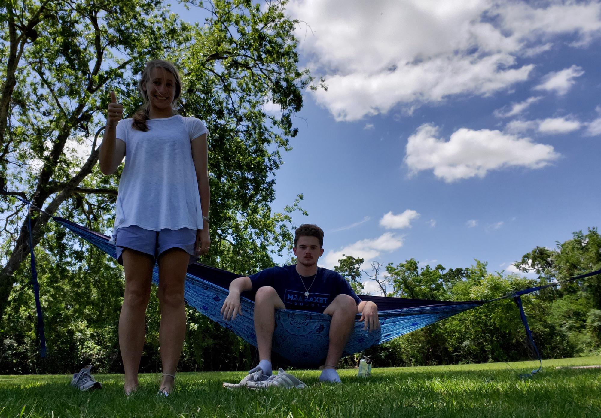 One side of this hammock was attached to a tree & the other to a table!