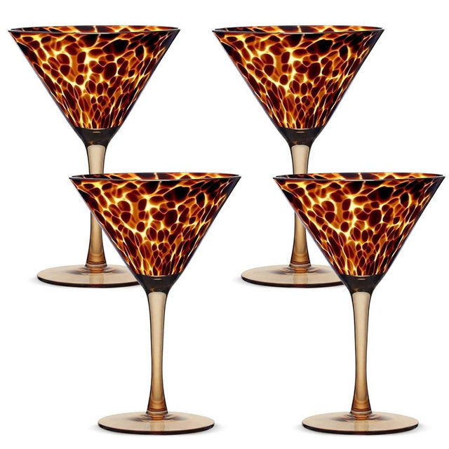 Honeydak Set of 4 Tortoise Leopard Print Brown 9oz Rocks Glasses Stylish Stemless Cocktail Cups Glass Glassware Tumbler Ideal for Gin, Tequila, Vodka, Soft Drinks