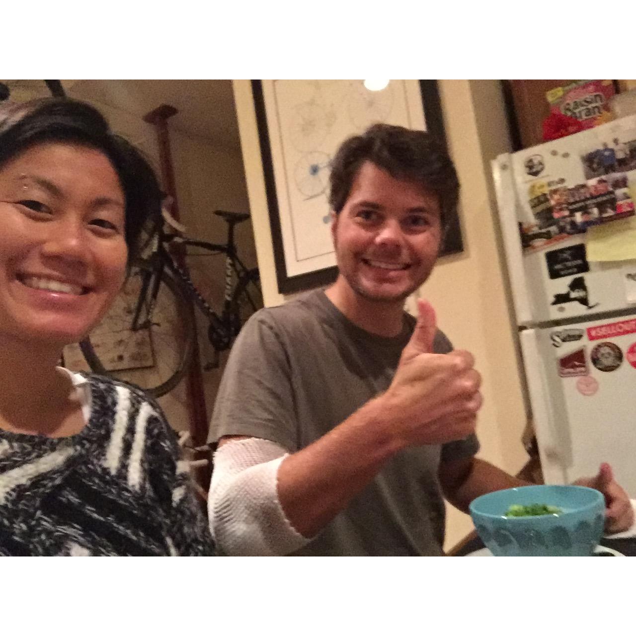 Scott had a bike accident (3 weeks of concussion effects!) He was lovingly dubbed "Slow Scott" by Janet. Which worked well, 'cause Scott gained sympathy and chicken noodle soup from the Kims.
