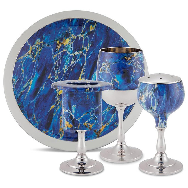 Elegant End of Shabbat Havdalah Set Nickel Plated Blue Marble Decal - Includes Matching Kiddush Cup Goblet and Tray, Havdualah Candle Holder, Besamim Spice Box - Shabbos Decorations by Zion Judaica