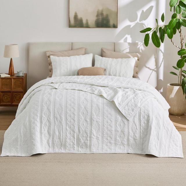 100% Cotton Quilt Set Lightweight King Size White Bedspread Cozy Bedding Coverlet 3-Piece with Pillow Shams