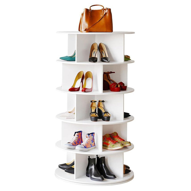 SpaceAid Cross Style 5-Tier Rotating Shoe Organizer, Spinning Shoe Rack Tower, 360 Display Lazy Susan Storage, Handbag Rotate Tower Closet Organization (Modern Style, White)