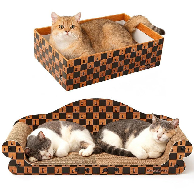 Markarbarka 27 Inch Cat Couch Scratcher, Large Cardboard Box with Durable Scratch Pad for Cats, Comfortable Cat Scratching Sofa & Cozy Nest with Reversible Scratchers