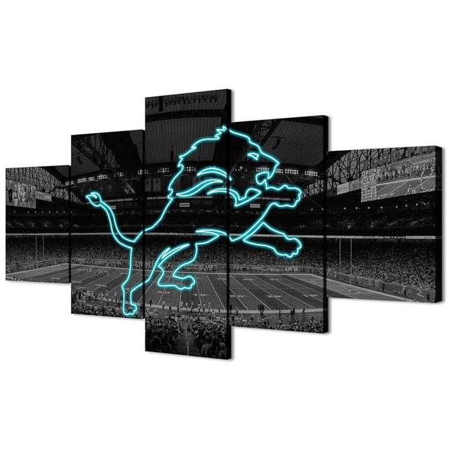 (80X150CM/5PCS) Frame Canvas Print Poster - American football Detroit Field Stadium with Neon Lions badge - Original Black and White Sports Wall Art for Home and Office Decor