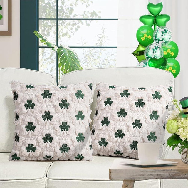 Merrycolor St Patricks Day Pillow Covers 18x18 Inch Set of 2 Beige Soft Plush Faux Fur Throw Pillowcases with Embroidered Green Shamrock Pattern Holiday Decor for Bedroom Sofa
