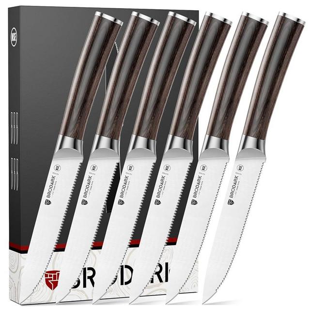 BRODARK Steak Knives Set of 6, 4.5 Inch Serrated Steak Knives with Ergonomic Handles, High Carbon Stainless Steel Steak Knife Set, NSF Certified