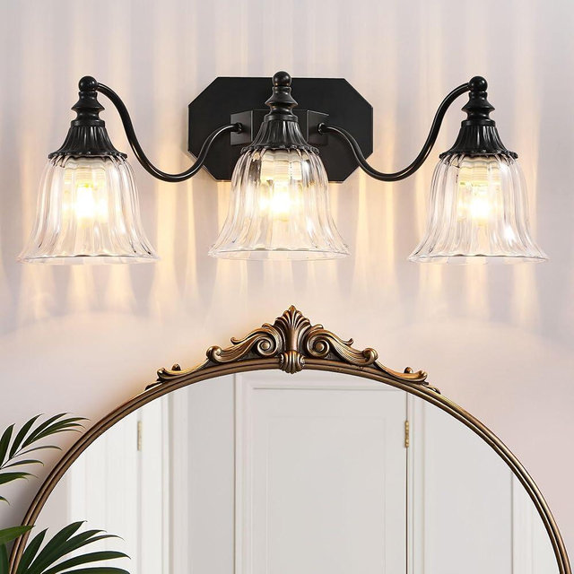 DvmTeom Black Vintage Bathroom Vanity Light Fixture, 3-Light Vanity Light for Bathroom, Antique Matte Black Finish with Crystal Glass Shade, Lighting Fixtures Over Mirror for Bedroom Living Room
