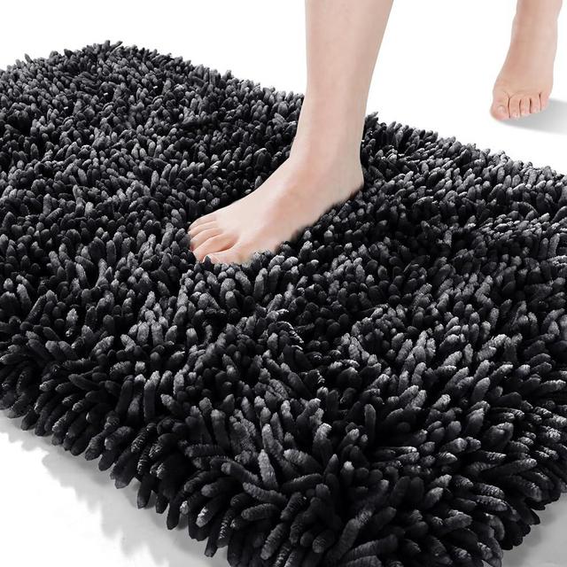 Yimobra Luxury Chenille Bath Rugs, Extra Soft and Absorbent Shaggy Bathroom Mat, Machine Washable, Non-Slip Plush Rugs Carpet for Tub, Shower Bath Room, 60.2 x 24 Inches, Black