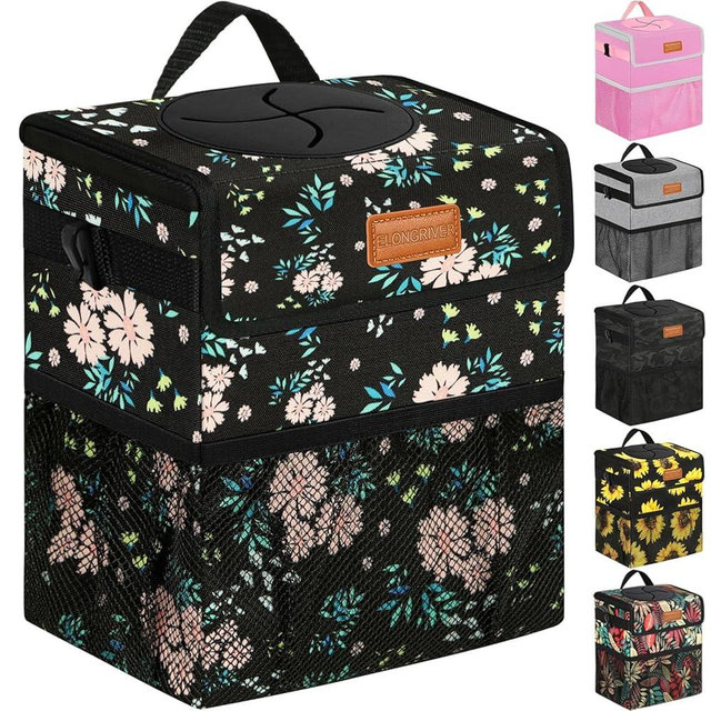 ELONGRIVER Car Trash Can Bin for Back Seat Leak Proof, Cute Car Trash Bag Hanging, Vehicle Trash Can for SUV Truck Van, Automotive Garbage Cans Front Seat Colorful Floral, 2 Gallons