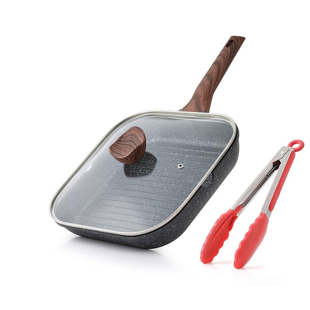 Kordisen Nonstick Grilling Pan with Lid for Stove Tops, 9.5 Inch Square Grill Pan for Indoor Cooking, Granite Coating Grill Skillet with Pour Spouts, Versatile Griddle, Induction Steak Pan, PFOA Free