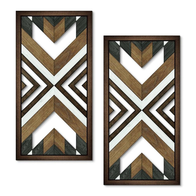 Putuo Decor Aztec Wall Decor Set of 2, Wooden Western Wall Art, Geometric Wooden Decoration, Native American Tribal Southwestern Boho Decorative Hanging Plaques for Living Room Bedroom Entryway